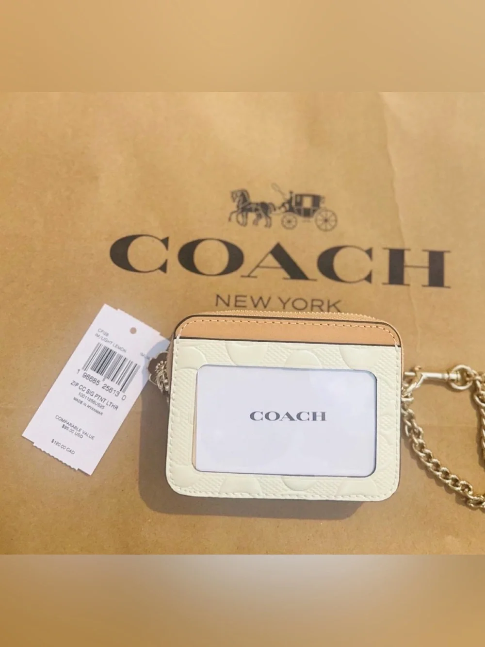 Coach Cream  and Tan Card Case with Gold Chain